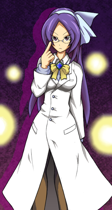 asakura_rikako, breasts, brooch, exis, glasses, hair_ribbon, jewelry, labcoat