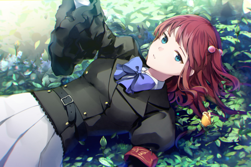 1girl, anri_mike, armband, blue_eyes, bow, flower, hair_bobbles, hair_ornament