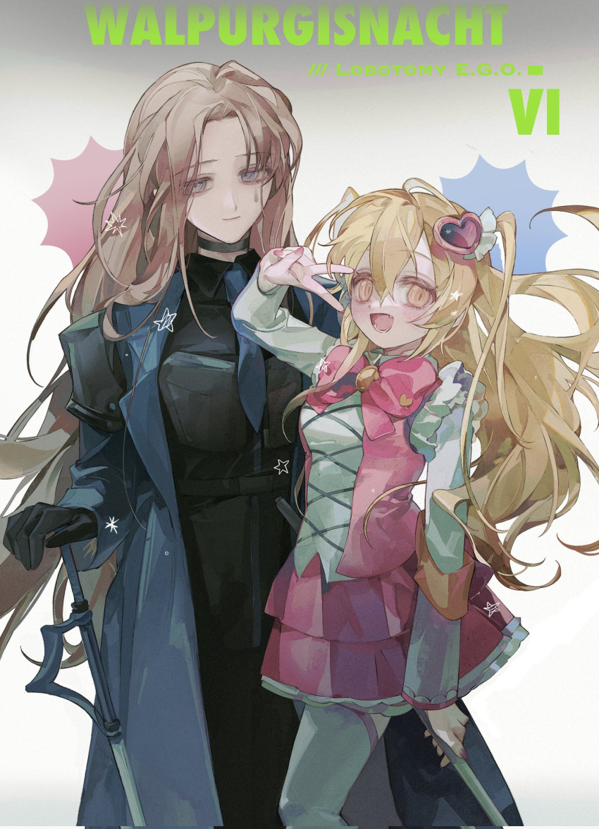 2girls, :d, black_choker, black_garter_straps, black_pants, black_shirt, blonde_hair, blue_coat