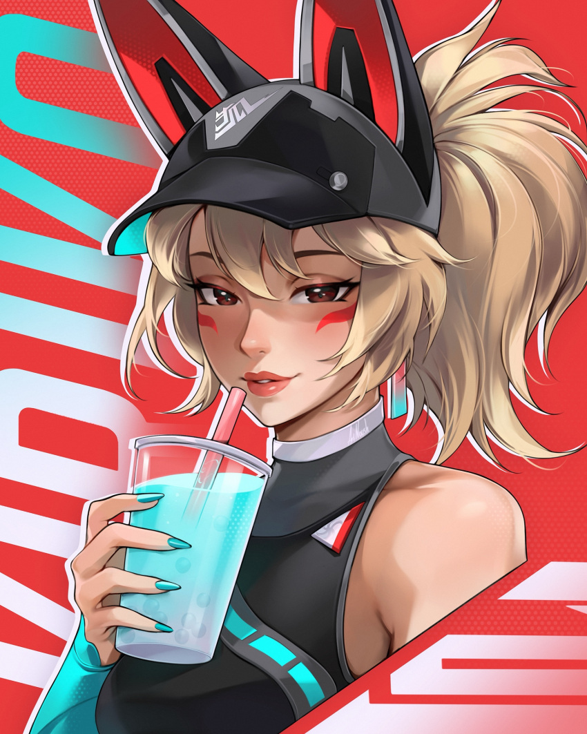 1girl, animal_ears, bare_shoulders, baseball_cap, blonde_hair, blue_nails, breasts, brown_eyes, bubble_tea, crop_top, detached_sleeves, earrings, facial_mark, fox_ears, hat, highres, jewelry, kiriko_(overwatch), looking_at_viewer, medium_breasts, noush, official_alternate_costume, overwatch, ponytail, single_detached_sleeve, single_earring, streetwear_kiriko