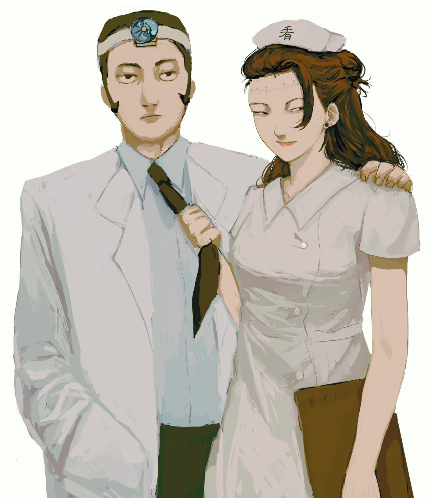 1boy, 1girl, brown_hair, cowboy_shot, doctor, genderswap, genderswap_(mtf), hair_bun, hand_on_another's_shoulder, hat, head_mirror, highres, holding_necktie, jujutsu_kaisen, koha_dasuima, lab_coat, long_hair, nurse, nurse_cap, short_hair, sideburns, simple_background, stitched_forehead, takaba_fumihiko, white_background