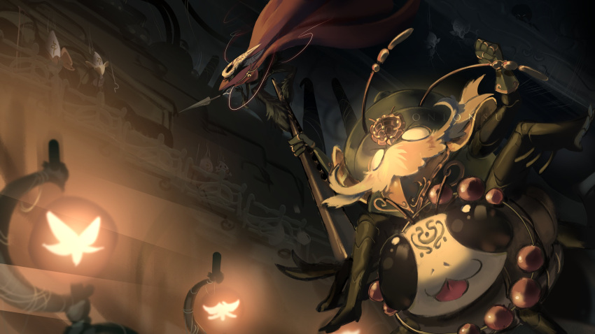 absurdres, antennae, arm_up, armor, arthropod_boy, arthropod_girl, beads, black_eyes