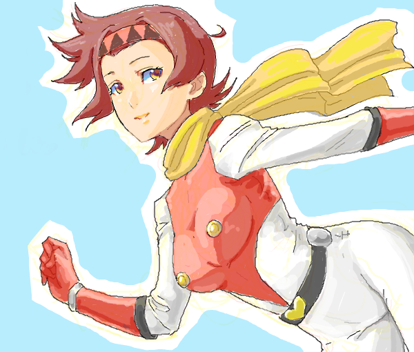 belt, bodysuit, breasts, brown_hair, getter_robo, gloves, hairband, oekaki