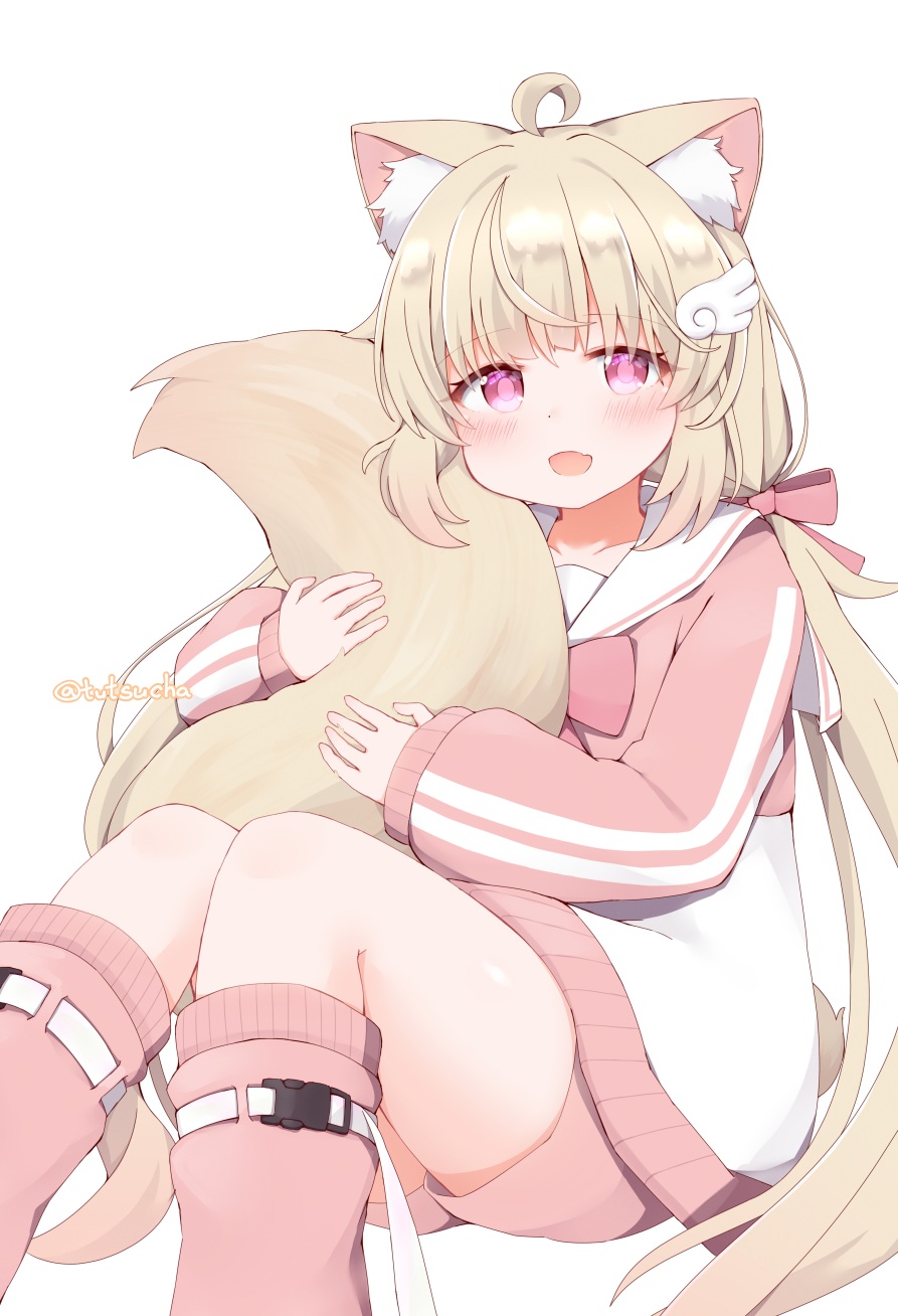 1girl, ahoge, animal_ears, blonde_hair, blunt_bangs, cat_ears, cat_girl, cat_tail
