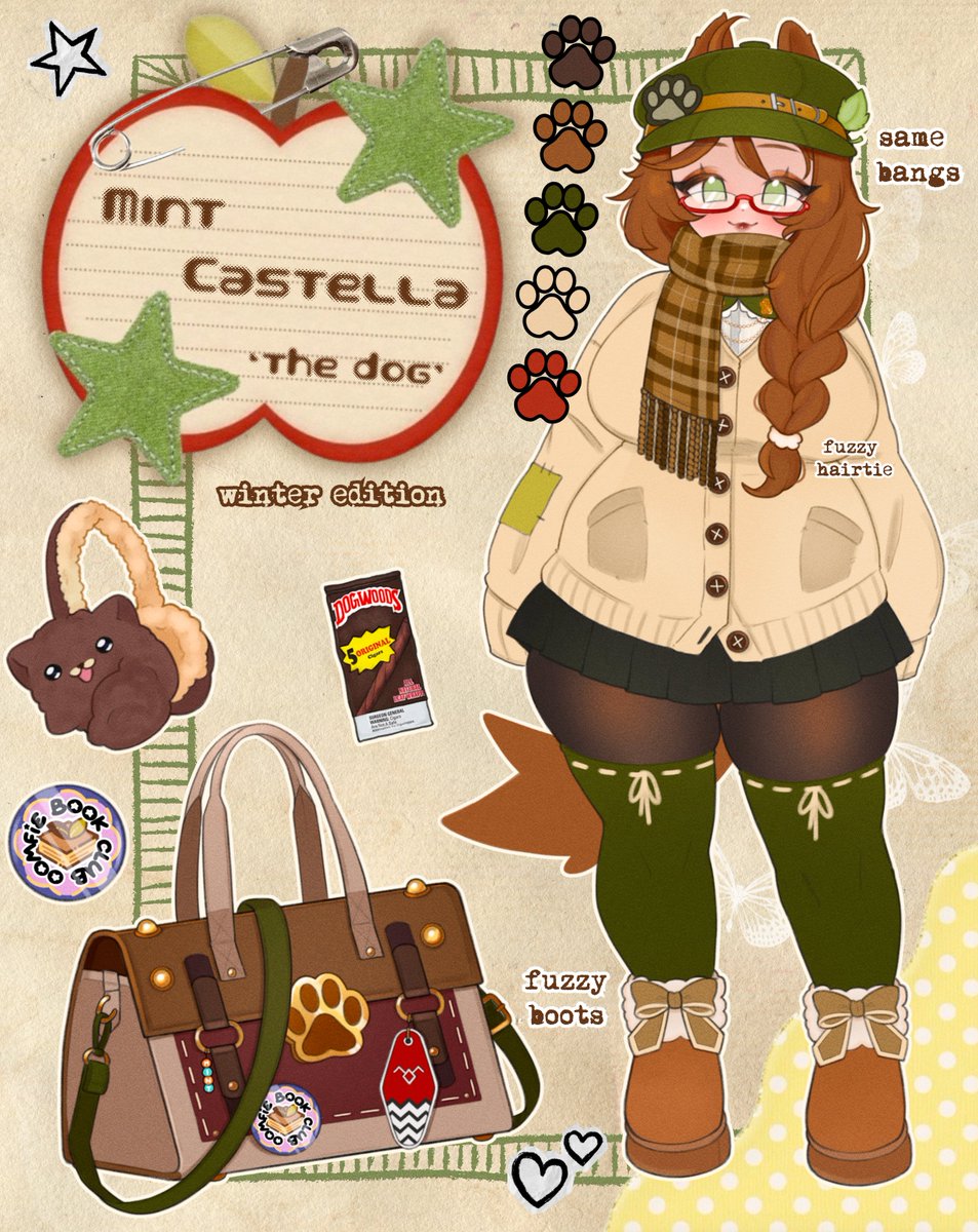 1girl, animal_ears, bag, black_skirt, boots, brown_boots, brown_coat, brown_hair, coat, dog_ears, dog_girl, dog_tail, earmuffs, green_eyes, green_thighhighs, hat, highres, indie_virtual_youtuber, mint_castella, mint_castella_(winter), newsboy_cap, official_art, oomfie_(mint_castella), pantyhose, plaid_clothes, plaid_scarf, red-framed_eyewear, reference_sheet, scarf, shoulder_bag, skirt, succuguts, tail, thigh-highs, virtual_youtuber