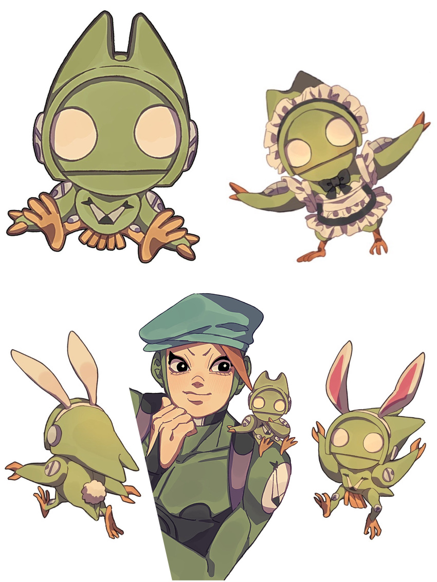 1boy, absurdres, alternate_costume, animal_ears, apron, beret, black_eyes, blue_hat, bodysuit, english_commentary, enmaided, fake_animal_ears, green_bodysuit, hat, highres, jojo_no_kimyou_na_bouken, maid, maid_apron, maid_headdress, multiple_views, non-humanoid_robot, rabbit_ears, robot, siniy, smile, stand_(jojo), tail, the_jojolands, the_matte_kudasai, usagi_aloha'oe, white_apron, white_background