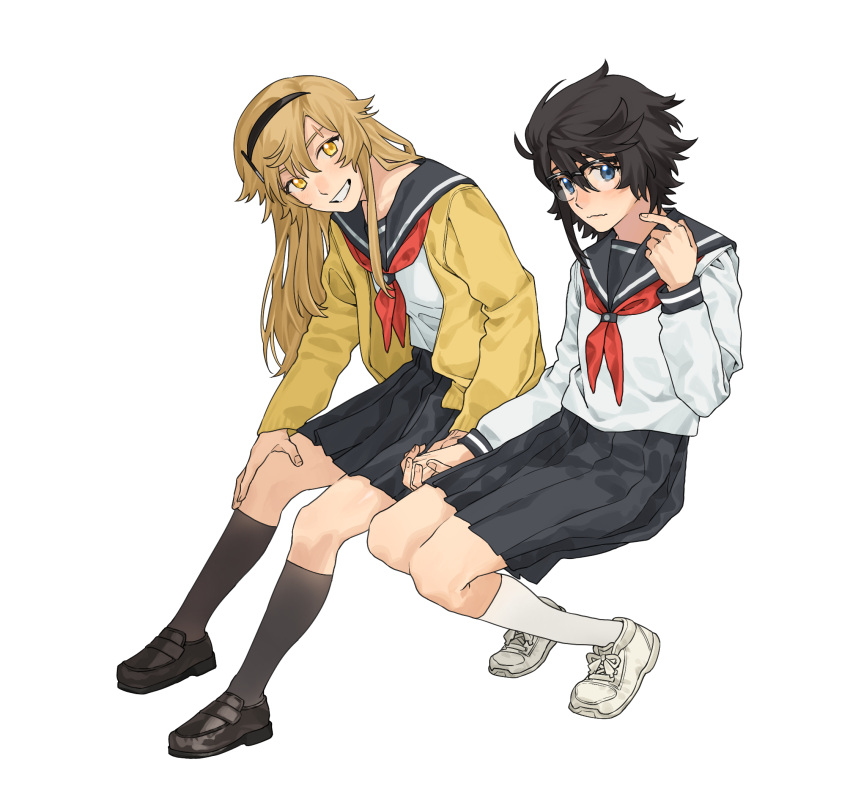 2girls, black_hair, black_headband, black_sailor_collar, black_skirt, black_socks, blonde_hair, blue_eyes