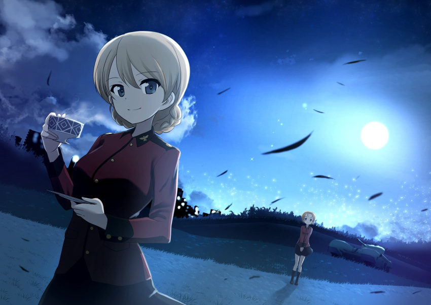 2girls, black_skirt, black_socks, blonde_hair, blue_eyes, buttons, cup, darjeeling_(girls_und_panzer)