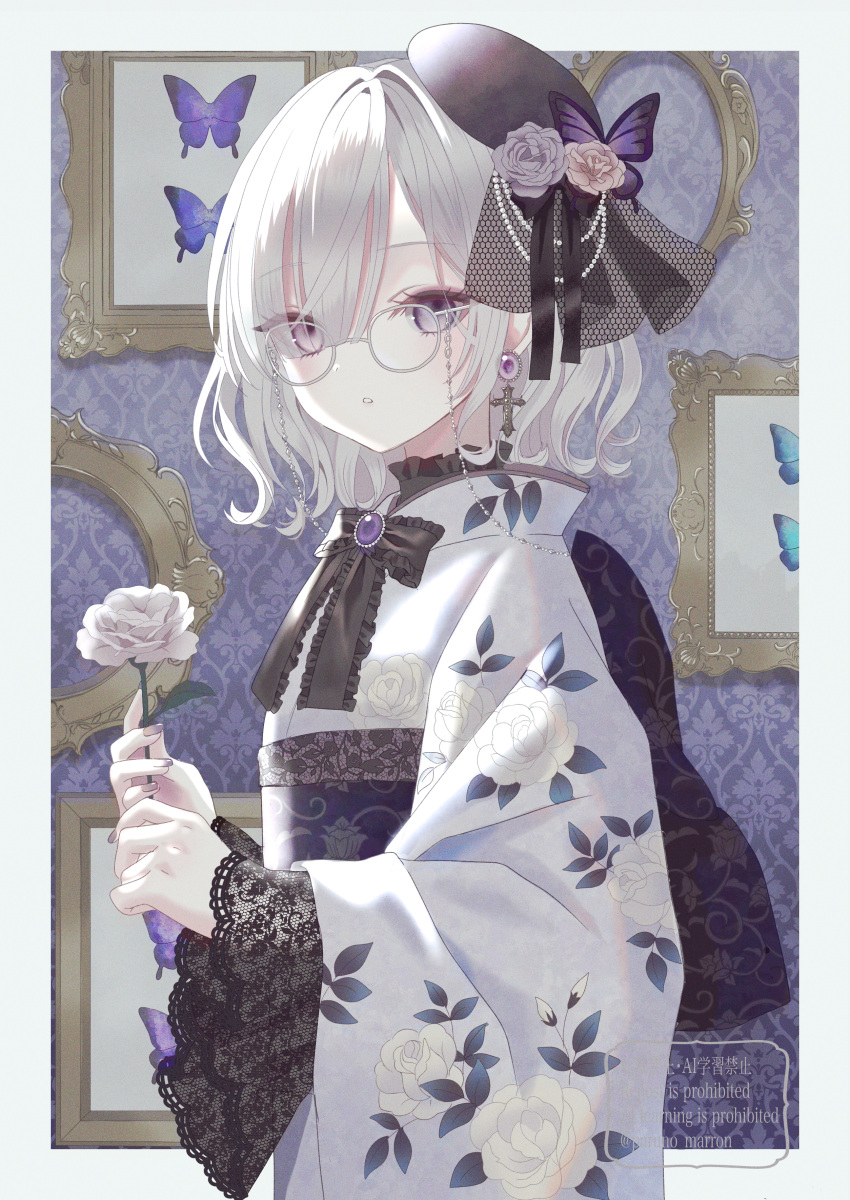 1girl, absurdres, beret, black_bow, black_bowtie, black_ribbon, black_shirt, border