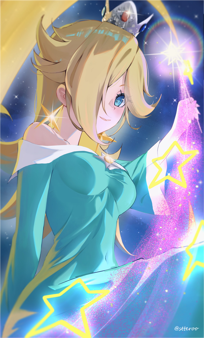 alternate_breast_size_(larger), aqua_dress, brooch, crown, dress, earrings, grand_star_(mario), grey_crown