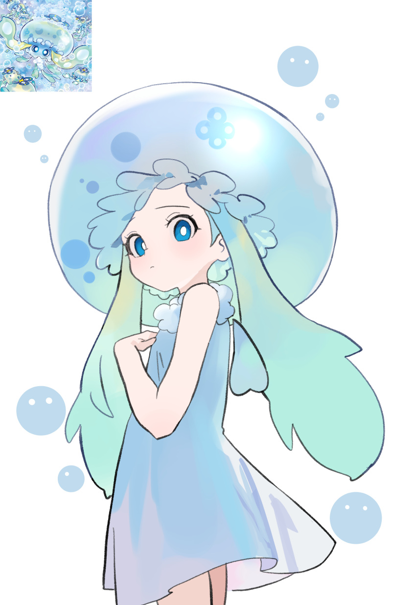 1girl, absurdres, bare_arms, blue_dress, blue_eyes, bright_pupils, closed_mouth, commentary