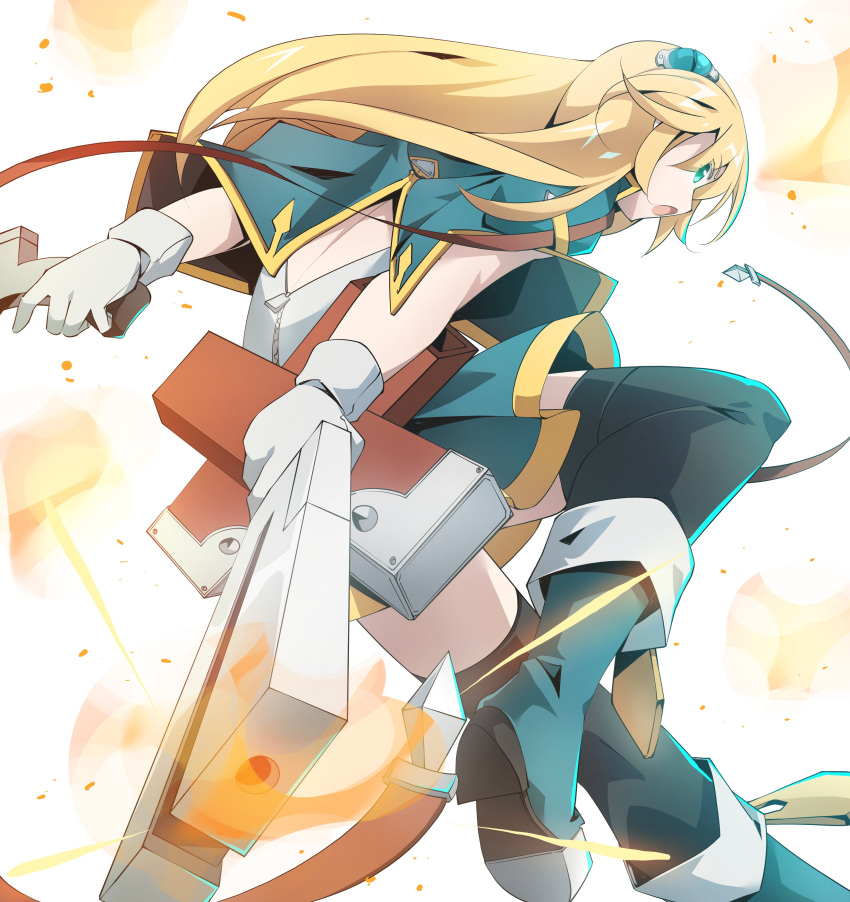 absurdres, arms_behind_back, black_thighhighs, blazblue, blonde_hair, blue_boots, blue_eyes, blue_jacket, blue_sky, boots, dual_wielding, foot_out_of_frame, from_behind, gun, highres, holding, holding_gun, holding_weapon, jacket, long_hair, noel_vermillion, shirt, simple_background, sky, swiftatk777, thigh-highs, weapon, white_background, white_shirt