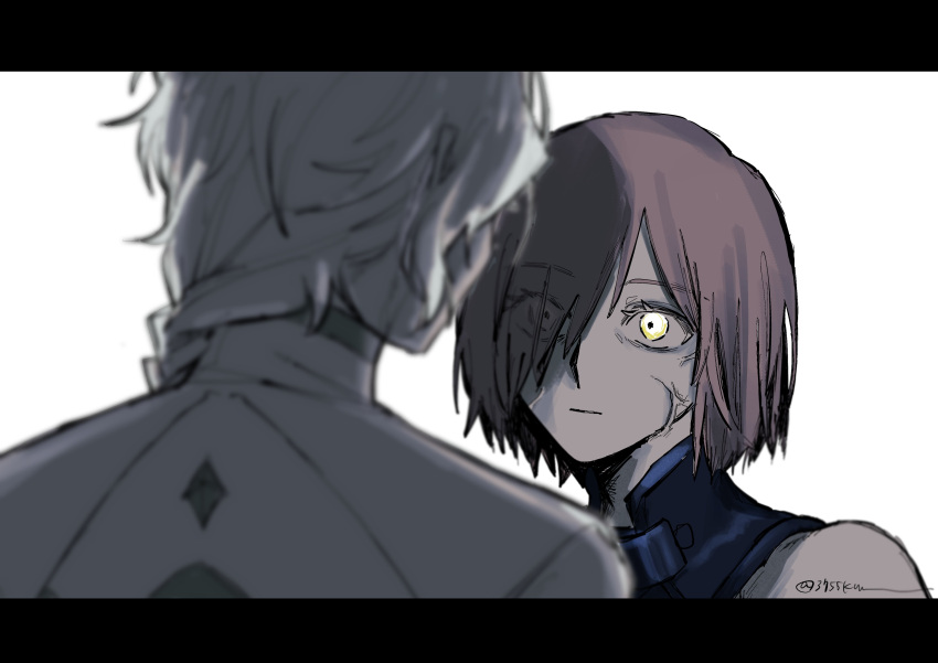 1boy, 1girl, 3755km, absurdres, anger_vein, artist_name, bare_shoulders, eyes_visible_through_hair
