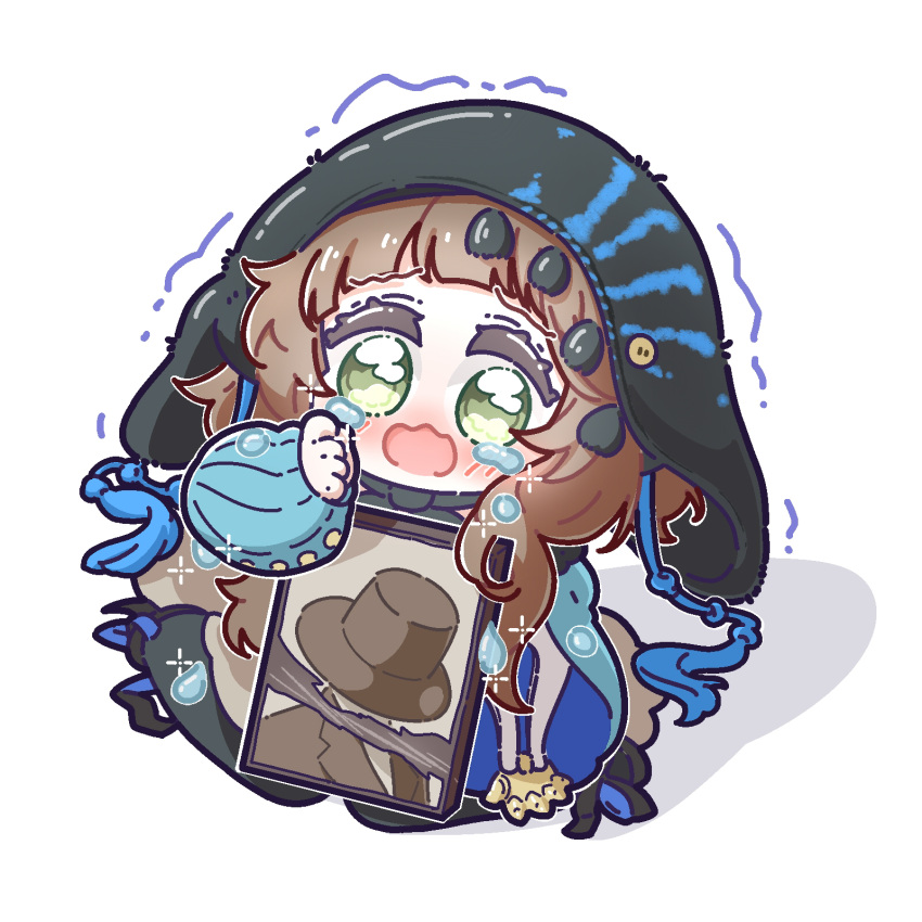 1girl, black_pantyhose, black_shoes, black_veil, blue_shirt, brown_hair, chibi, coppelia_(reverse:1999)