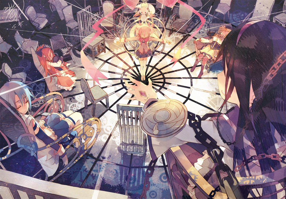 akemi_homura, black_hair, blonde_hair, blue_hair, bow, chain, chains, chair, closed_eyes, eyes_closed, faceless, hair_bow, hairband, kaname_madoka, kyubey, leg_hug, long_hair, magical_girl, mahou_shoujo_madoka_magica, miki_sayaka, minatsume, multiple_girls, open_mouth, outstretched_arms, pink_hair, ponytail, reaching, red_hair, redhead, sakura_kyouko, school_uniform, shield, short_hair, sitting, skirt, standing, string, thigh-highs, thighhighs, tomoe_mami, zettai_ryouiki
