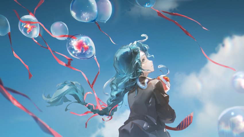 1girl, apple, blue_sky, braid, clouds, cloudy_sky, coat, fish, floating_hair, food, from_side, fruit, goldfish, green_eyes, grey_coat, hand_up, highres, hissabeth, holding, holding_food, holding_fruit, imbiqv, long_braid, looking_up, profile, reverse:1999, see-through_balloon, single_braid, sky, smile, snake, snake_on_head, solo, upper_body