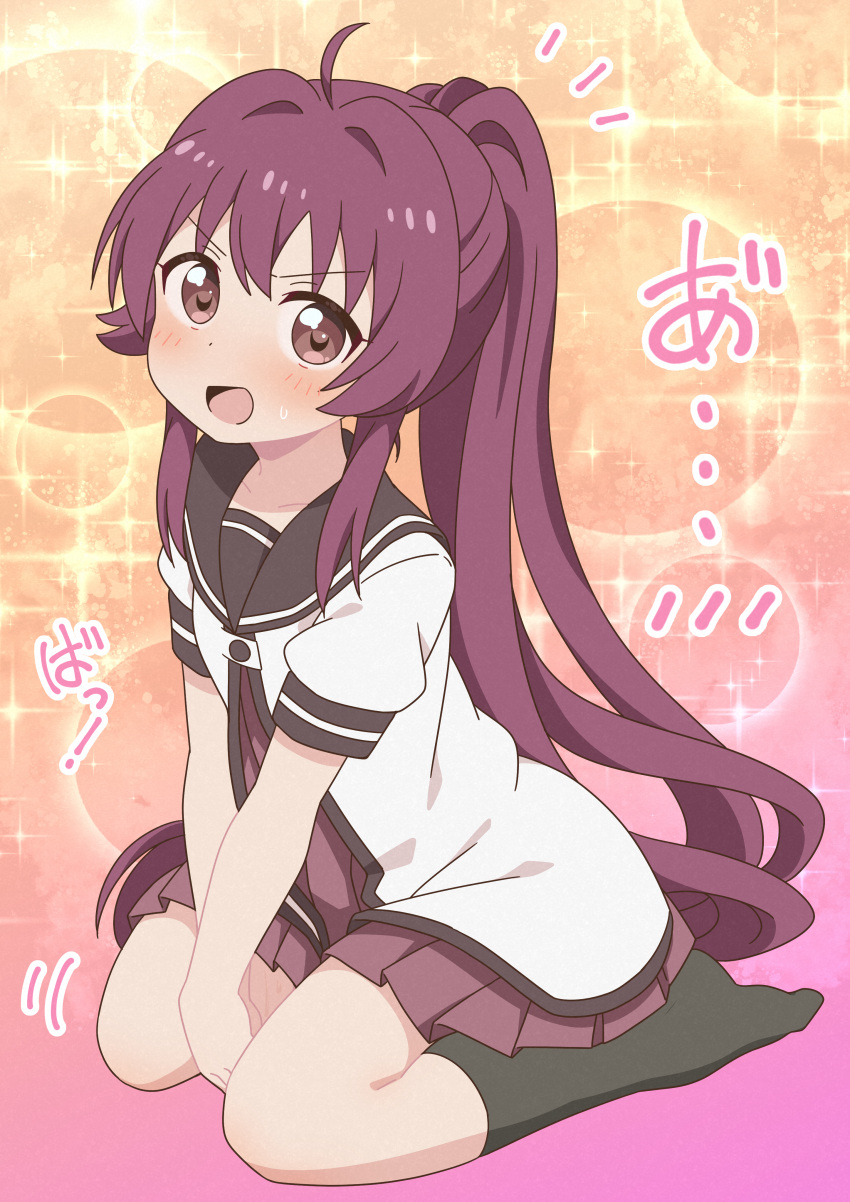 1girl, absurdres, ahoge, between_legs, black_socks, blush, buttons, commentary