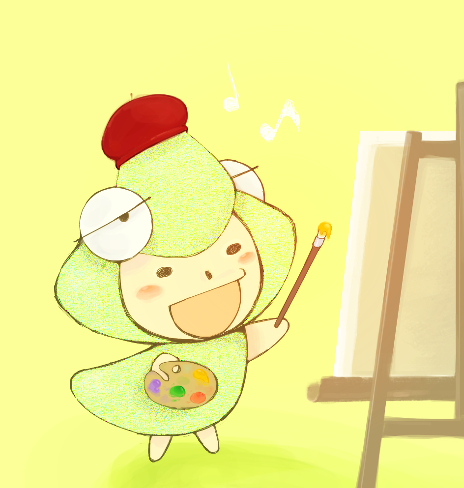 :d, beret, cacctus32, drawing_(action), easel, eighth_note, english_commentary, hat
