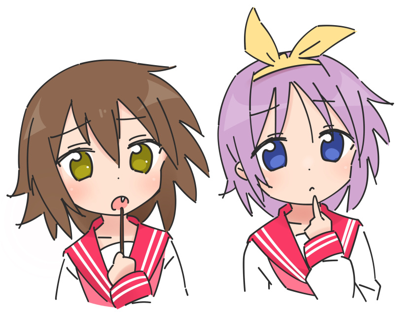 2girls, blue_eyes, brown_hair, commentary, fang, finger_to_mouth, hairband, highres