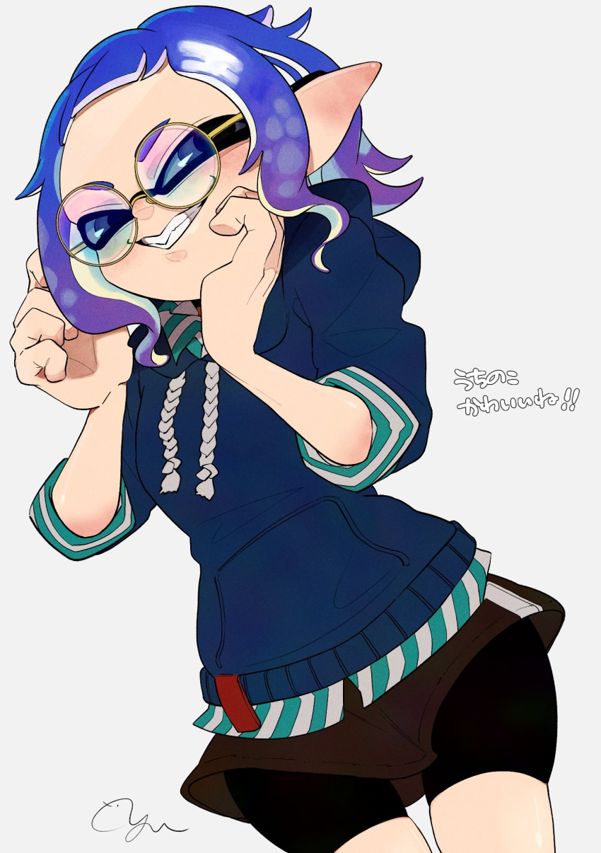 1girl, bike_shorts, black_shorts, blue_eyes, blue_hoodie, breasts, brown_skirt, cropped_legs