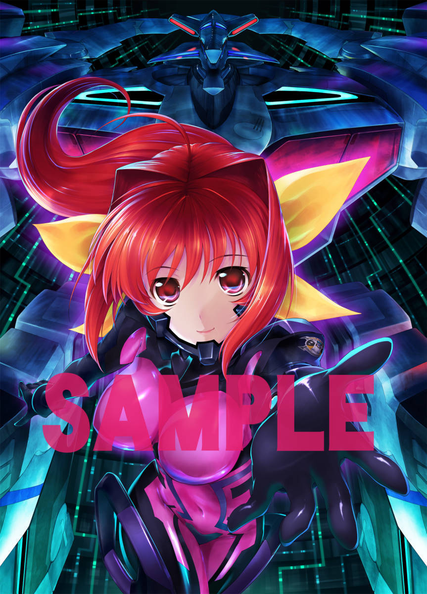 ahoge, bodysuit, breasts, closed_mouth, covered_navel, fortified_suit_(kagami_sumika), hair_ribbon, highres, iizuki_tasuku, kagami_sumika, large_breasts, light_smile, long_hair, looking_at_viewer, mecha, muv-luv, muv-luv_alternative, official_art, ponytail, reaching, reaching_towards_viewer, red_eyes, red_hair, ribbon, robot, sample_watermark, shiny_clothes, skin_tight, watermark, xg-70d_susanoo_iv, yellow_ribbon