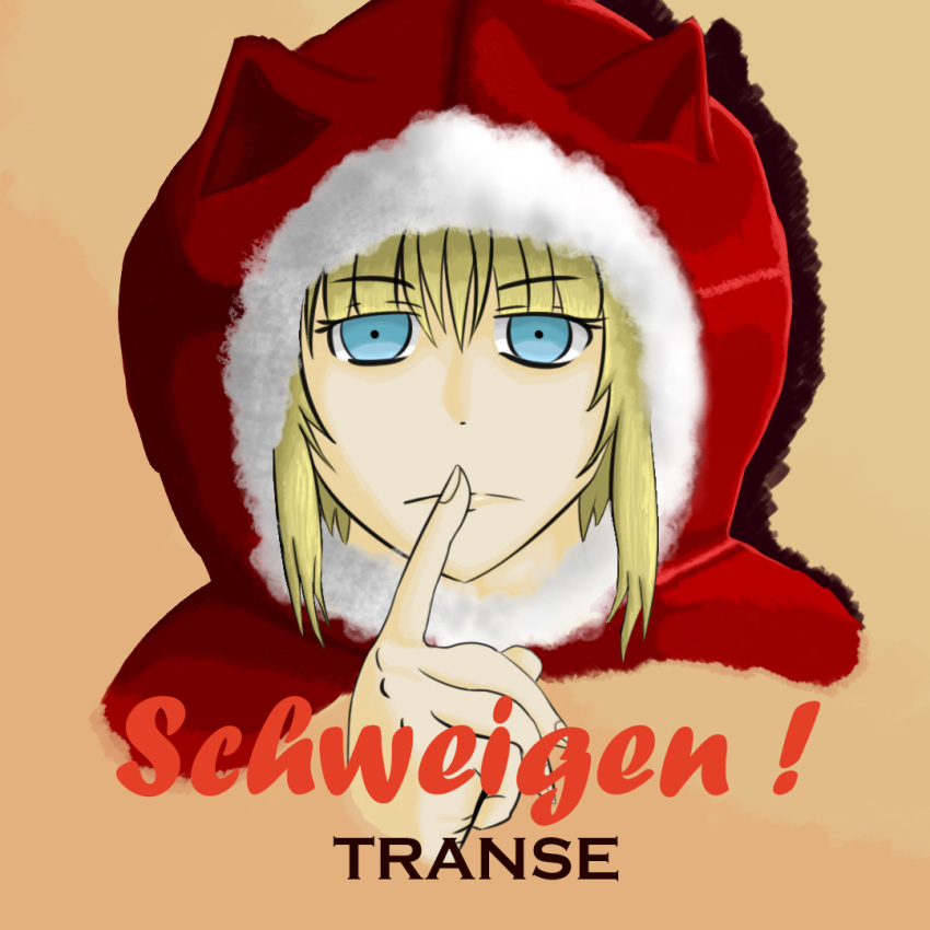1girl, animal_ears, animal_hood, black_souls, blonde_hair, blue_eyes, bosske, cape, closed_mouth, finger_to_mouth, fur-trimmed_hood, fur-trimmed_jacket, fur_trim, hood, hood_up, hooded_cape, jacket, light_frown, looking_at_viewer, partially_translated, portrait, poster_(object), poster_parody, propaganda, red_hood, red_hood's_woods, red_hood_(black_souls), red_jacket, shadow, short_hair, simple_background, solo, translation_request