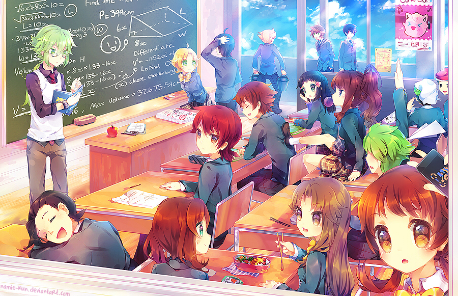 6+boys, 6+girls, ahoge, alternate_costume, apple, bel_(pokemon), bell_(pokemon), blue_(pokemon), chalkboard, cheren_(pokemon), chopsticks, crystal_(pokemon), desk, diamond_(pokemon), everyone, food, fruit, gold_(pokemon), haruka_(pokemon), hat, hikari_(pokemon), iphone, ipod_touch, jigglypuff, jigglypuff_(cameo), jun_(pokemon), kotone_(pokemon), kouki_(pokemon), leaf_(pokemon), mitsuru_(pokemon), multiple_boys, multiple_girls, n_(pokemon), namie-kun, odamaki_sapphire, ookido_green, pearl_(pokemon), pencil, phone, pixel_art, pokemon, pokemon_(game), pokemon_bw, pokemon_dppt, pokemon_firered_and_leafgreen, pokemon_frlg, pokemon_gsc, pokemon_heartgold_and_soulsilver, pokemon_hgss, pokemon_rgby, pokemon_rse, red_(pokemon), red_(pokemon)_(classic), ruby_(pokemon), silver_(pokemon), silver_(pokemon)_(remake), touko_(pokemon), touya_(pokemon), yuuki_(pokemon)