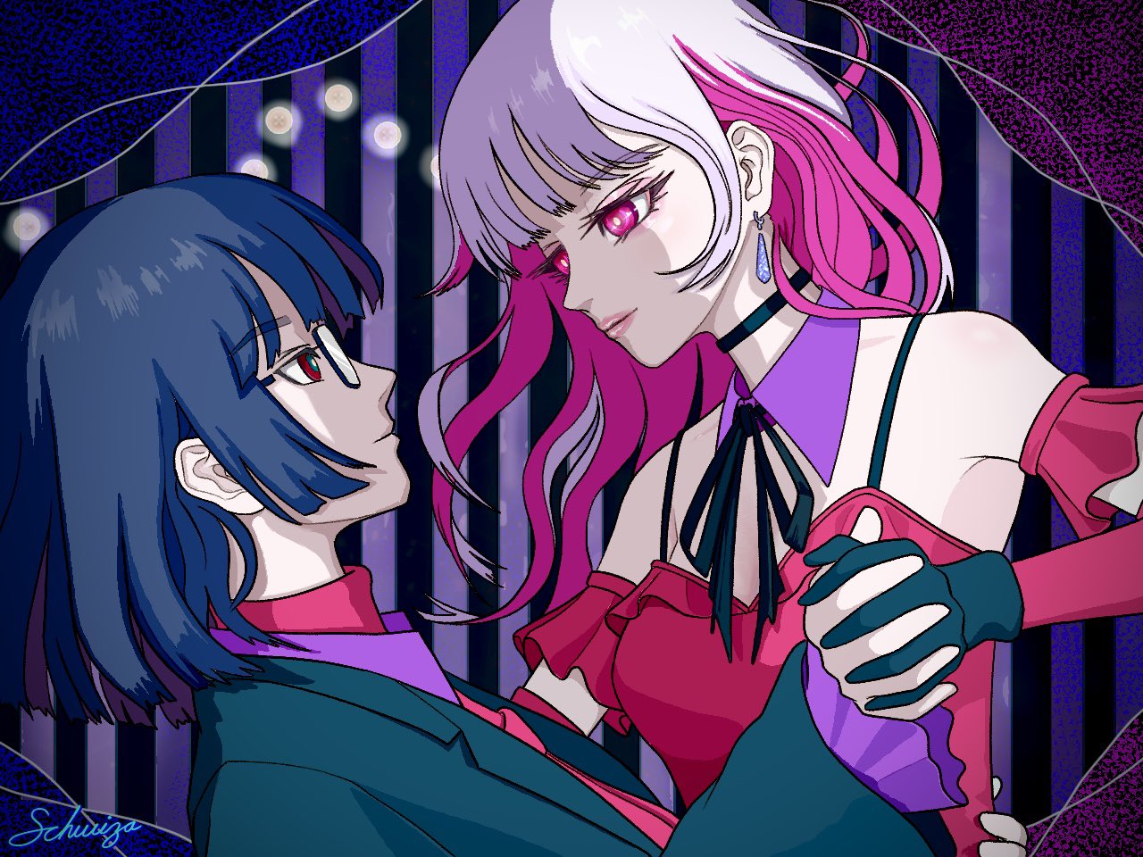 2girls, ado_(utaite), black_choker, black_ribbon, blue_hair, choker, colored_inner_hair, commentary_request