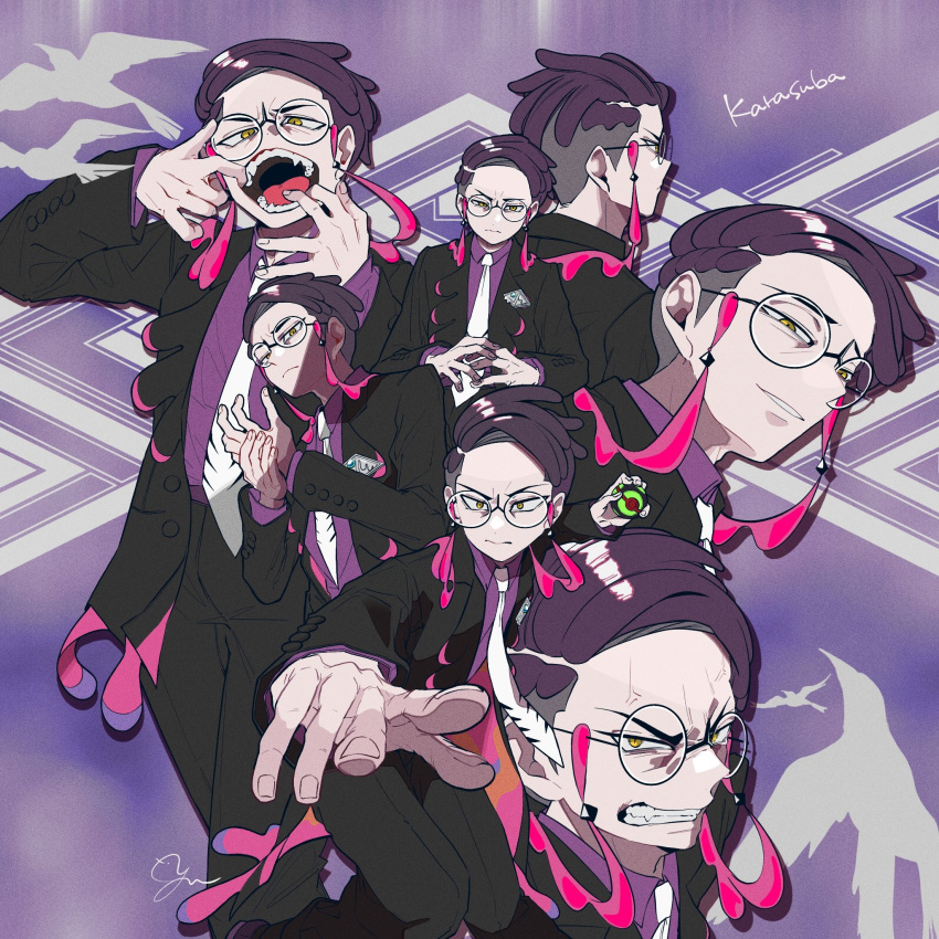 anger_vein, angry, black-framed_eyewear, black_jacket, closed_mouth, collared_shirt, commentary_request, corbeau_(pokemon)