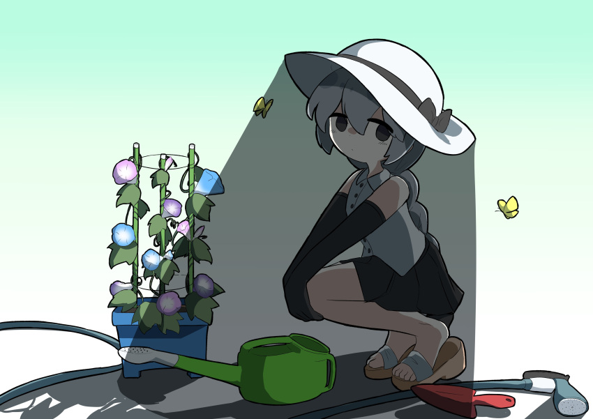 1girl, absurdres, black_eyes, black_skirt, bow, braid, braided_ponytail, bug