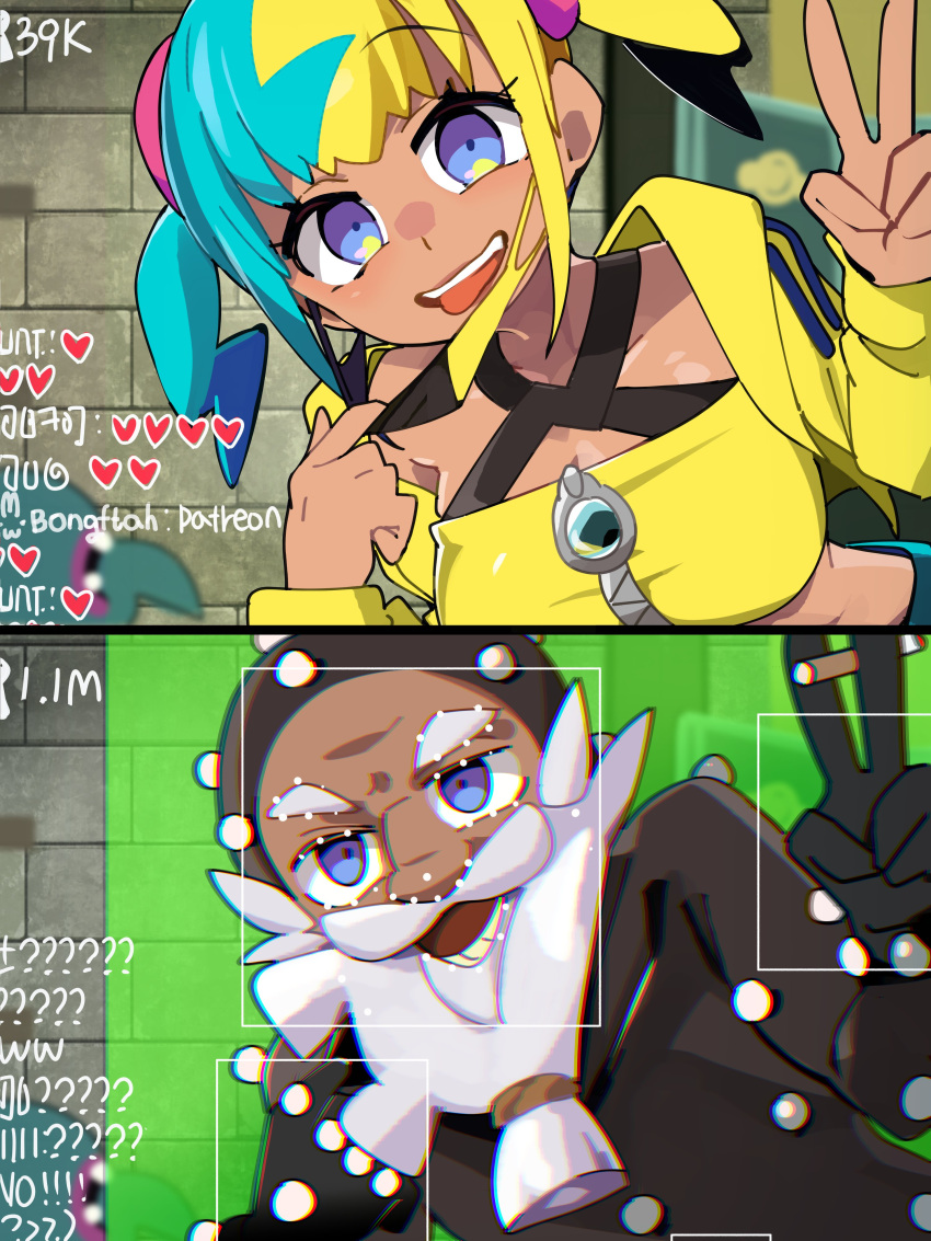 absurdres, aqua_hair, beard, blonde_hair, blue_eyes, bongftah, breasts, canari_(pokemon)