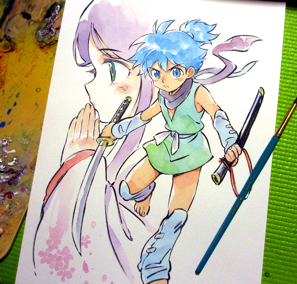 1boy, 1girl, agahari, arm_warmers, art_brush, art_tools_in_frame, barefoot, belt