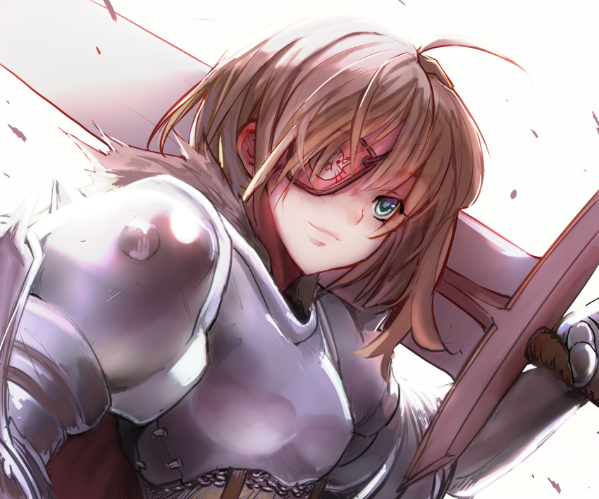 bad_id, blue_eyes, brown_hair, chirigami-san, eyepatch, highres, huge_sword, huge_weapon