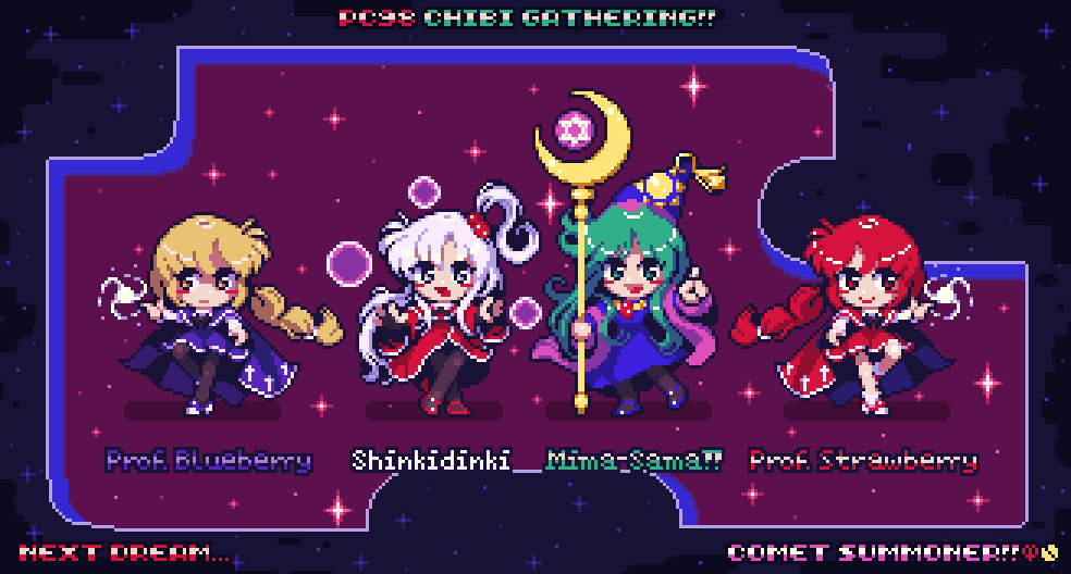 4girls, alternate_color, black_shoes, black_skirt, black_vest, blonde_hair, bow, bowtie, braid, breasts, cape, capelet, chibi, chibi_only, comet_summoner98, cross, dress, dual_persona, green_eyes, green_hair, grey_eyes, hair_bobbles, hair_ornament, hat, hexagram, long_hair, long_sleeves, mima_(touhou), multiple_girls, okazaki_yumemi, okazaki_yumemi_(alternate), one_side_up, open_mouth, pixel_art, player_2, red_capelet, red_dress, red_eyes, red_hair, ribbon, shinki_(touhou), shirt, shoes, short_hair, skirt, smile, space, staff, star_(sky), touhou, touhou_(pc-98), vest, white_hair, wizard_hat, yellow_eyes