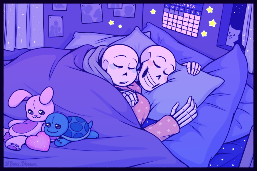 2022, 2boys, 2d, bad_link, bed, bedroom, blanket, boner_blossom, calendar_(object), closed_eyes, digital_media, duo, grey_hood, highres, hood, hood_down, humanoid, male, male_focus, male_only, monster, monster_boy, multiple_boys, orange_pajamas, pajamas, papyrus_(undertale), photo_(object), pillow, sans_(undertale), skeleton, sleeping, sleeping_together, sticker, teeth, undead, undertale, utdr_(toby_fox)