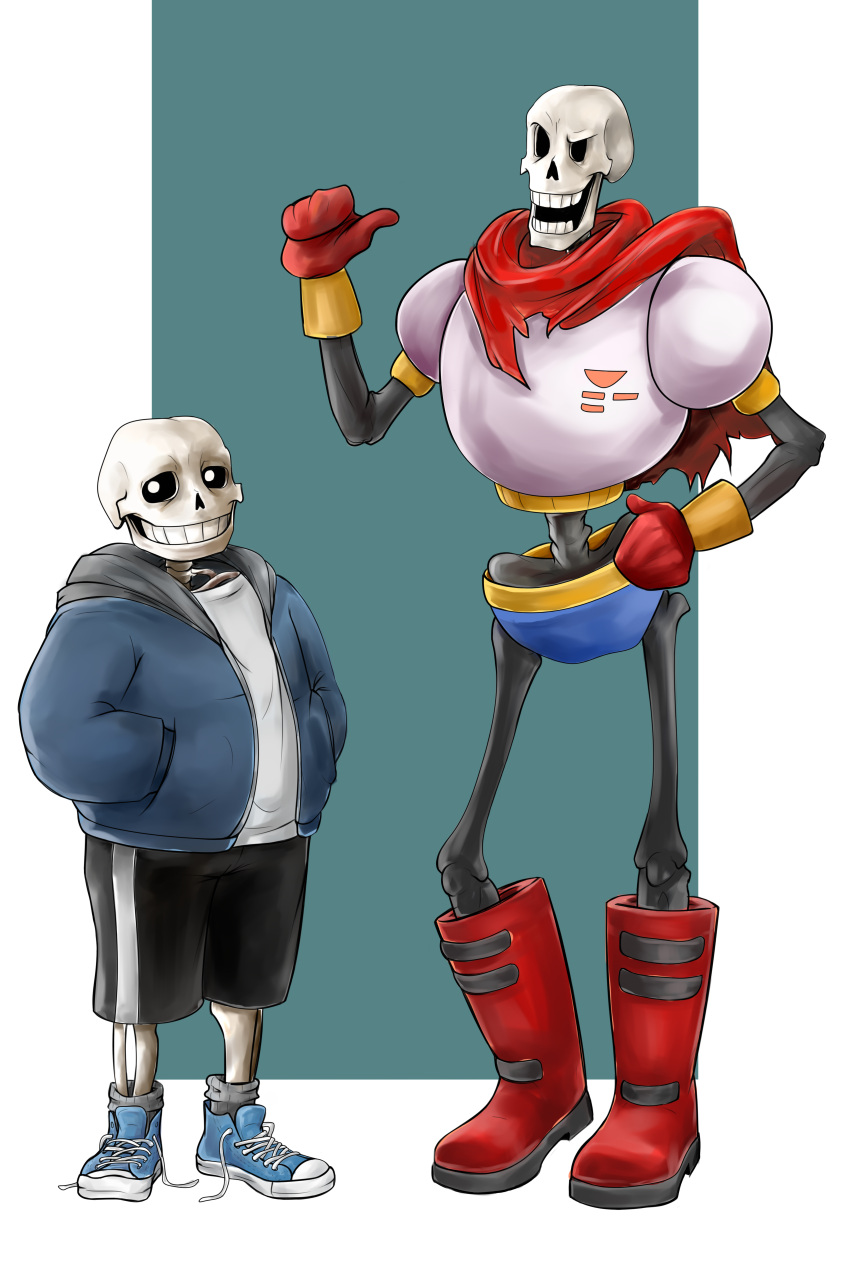 2017, 2boys, 2d, absurdres, aqua_background, black_pants, blue_jacket, blue_shoes, blue_shorts, boots, border, brothers, cape, commentary, digital_media, duo, english_commentary, full_body, gloves, hand_on_own_hip, hands_in_pockets, height_difference, highres, humanoid, ifadko, jacket, male, male_focus, male_only, monster, monster_boy, multiple_boys, outside_border, pants, papyrus_(undertale), pointing, pointing_at_self, pointing_with_thumb, red_boots, red_cape, red_gloves, sans_(undertale), shoes, shorts, siblings, simple_background, skeleton, sneakers, standing, striped_clothes, striped_pants, teeth, two-tone_background, undead, undertale, utdr_(toby_fox), white_background, white_stripes