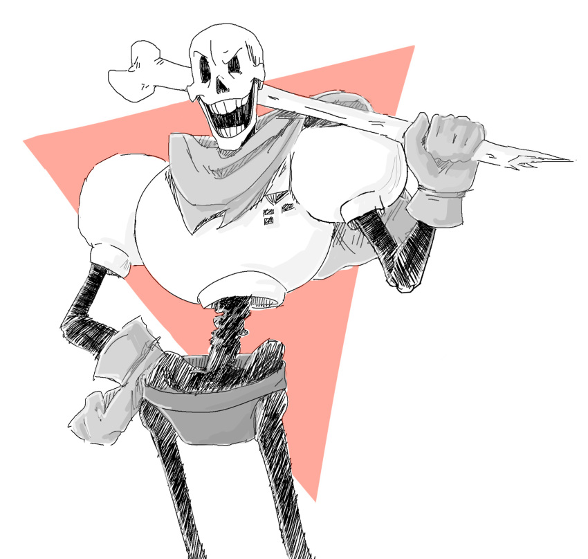 1boy, 2018, 2d, bone, cape, carrying, carrying_over_shoulder, commentary, cowboy_shot, digital_media, english_commentary, gloves, greyscale, hand_on_own_hip, hatching_(texture), highres, holding, holding_bone, humanoid, ifadko, male, male_focus, male_only, monochrome, monster, monster_boy, open_mouth, papyrus_(undertale), red_background, shorts, simple_background, skeleton, solo, teeth, two-tone_background, undead, undertale, uneven_eyes, utdr_(toby_fox), white_background