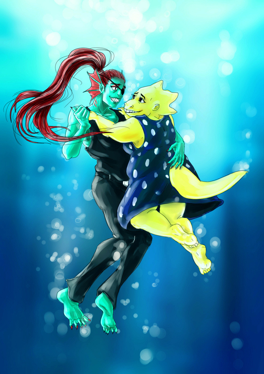 2018, 2d, 2girls, alphys, alternate_costume, anthro, barefoot, black_eyepatch