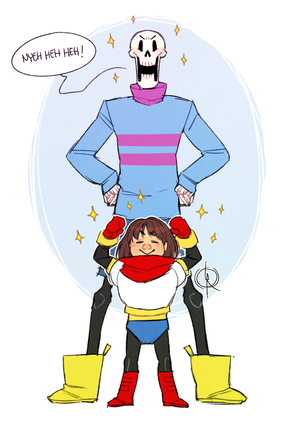 1boy, 1other, 2015, 2d, ambiguous_gender, ankle_boots, armor, arms_up, artist_logo, blue_shirt, blue_shorts, boots, brown_hair, cape, child, clenched_hands, cosplay, costume_switch, digital_media, double_horizontal_stripe, duo, english_text, frisk_(undertale), full_body, gloves, hands_on_own_hips, height_difference, horizontal-striped_clothes, human, humanoid, leeffi, male, monster, monster_boy, papyrus_(undertale), pink_stripes, red_boots, red_cape, red_gloves, shirt, short_hair, shorts, signature, simple_background, skeleton, sparkle, speech_bubble, striped_clothes, striped_shirt, teeth, text, two-tone_shirt, undead, undertale, utdr_(toby_fox), white_armor, white_background, yellow_boots