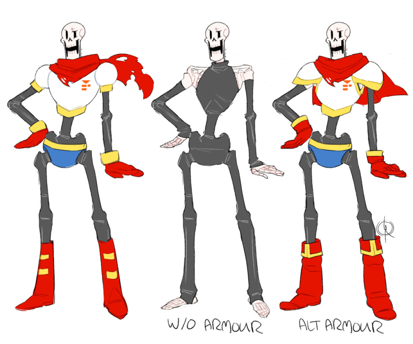1boy, 2016, 2d, adapted_costume, armor, artist_logo, black_bodystocking, blue_shorts, bodystocking, boots, cape, digital_media, full_body, gloves, hand_on_own_hip, humanoid, leeffi, male, male_focus, male_only, monster, monster_boy, papyrus_(undertale), red_boots, red_cape, red_gloves, shorts, signature, simple_background, skeleton, solo, standing, teeth, undead, undertale, utdr_(toby_fox), variations, white_armor, white_background