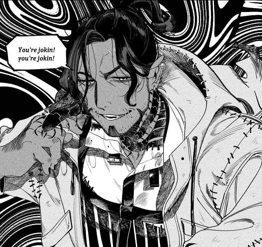 1boy, abstract_background, absurdres, beard, black_nails, bug, centipede, chest_belt, chinstrap_beard, collared_shirt, commentary, ear_piercing, english_text, facial_hair, greyscale, highres, hood, hoodie, imi_(capsule), looking_at_viewer, male_focus, mature_male, monochrome, multiple_piercings, neck_tattoo, open_mouth, piercing, scar, scar_on_face, scar_on_forehead, scar_on_mouth, shirt, smile, solo, speech_bubble, swing_(twisted_wonderland), symbol-only_commentary, tattoo, twisted_wonderland, upper_body