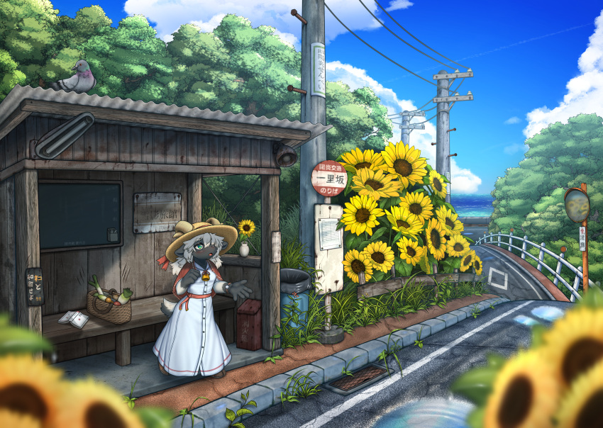 1girl, basket, bell, bird, blurry, blurry_foreground, book, bus_stop