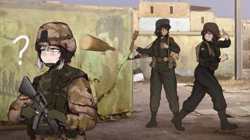2girls, ?, assault_rifle, baghdad, beret, black_hair, blue_eyes, brown_hair