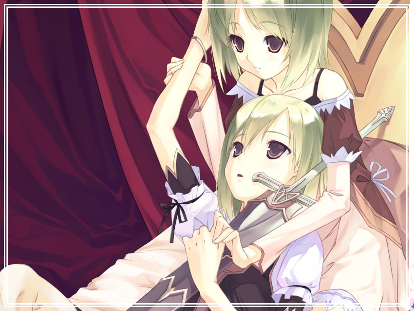 2girls, siranagi, sword, tagme, weapon