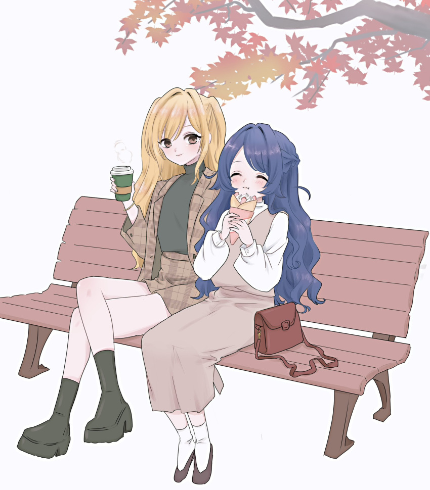 2girls, :t, ^_^, bag, bench, black_shirt, blonde_hair, blue_hair, blush, boots, braid, brown_coat, brown_eyes, brown_shoes, brown_skirt, casual, closed_eyes, coat, commentary, crepe, cup, disposable_cup, eating, food, full_body, half_up_braid, half_updo, highres, holding, holding_crepe, holding_cup, holding_food, inda_karane, kimi_no_koto_ga_dai_dai_dai_dai_daisuki_na_100-nin_no_kanojo, kuchiha_chiru3, leaf, light_blush, long_hair, long_sleeves, maple_leaf, multiple_girls, on_bench, outdoors, plaid_clothes, plaid_coat, plaid_skirt, platform_boots, puffy_long_sleeves, puffy_sleeves, shirt, shoes, simple_background, sitting, skirt, smile, socks, turtleneck, turtleneck_shirt, vest, wavy_hair, white_background, white_socks, yoshimoto_shizuka