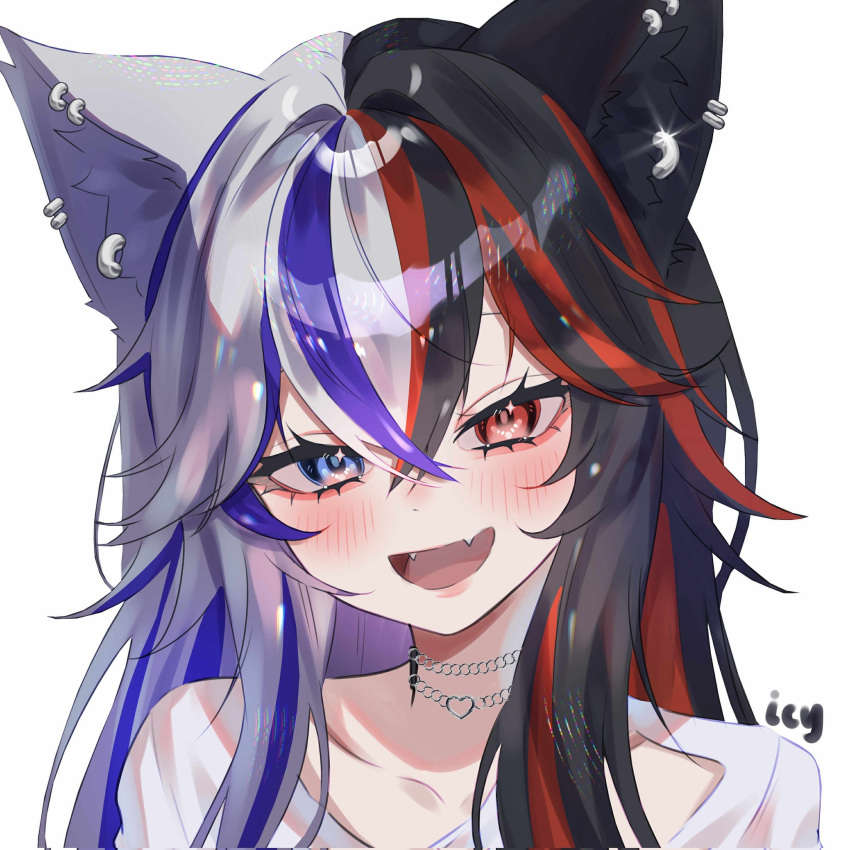 1girl, aegyo_sal, animal_ear_piercing, animal_ears, black_hair, blue_eyes, blue_streaks, blush