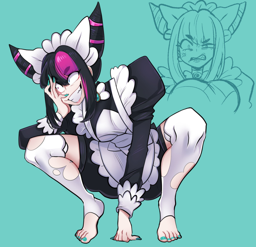 1girl, angry, apron, black_romper, bow, bowtie, clenched_teeth, constricted_pupils