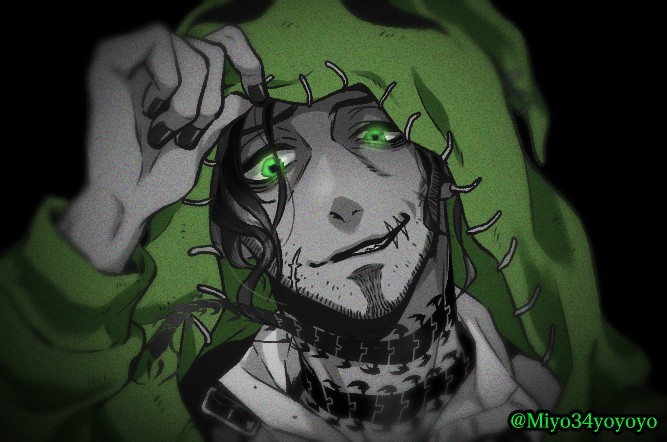 1boy, beard, black_background, black_nails, bug, centipede, chinstrap_beard, collared_shirt, colored_skin, facial_hair, green_eyes, green_jacket, grey_skin, hood, hooded_jacket, jacket, male_focus, mature_male, miyo34yoyoyo, neck_tattoo, portrait, shirt, simple_background, smirk, solo, swing_(twisted_wonderland), tattoo, twisted_wonderland, watermark, white_shirt