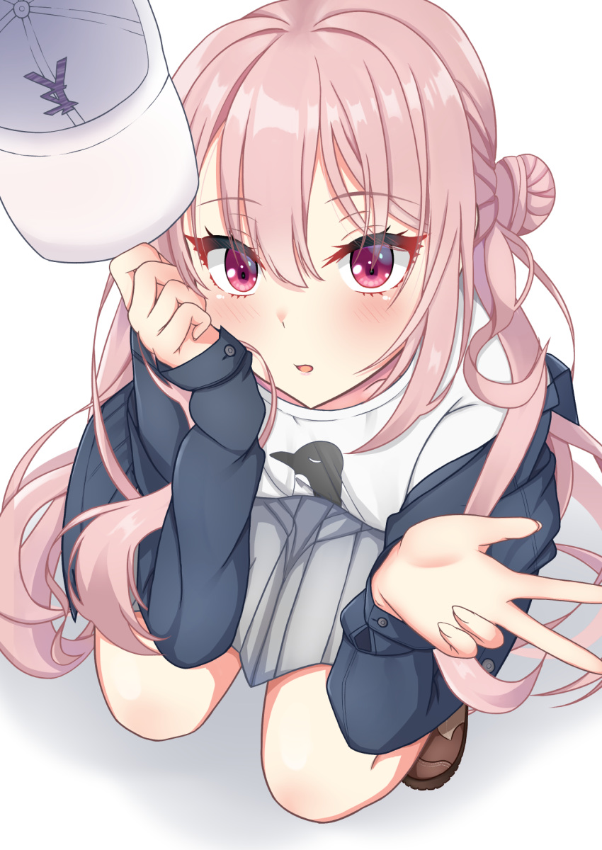 1girl, axl11hikari, baseball_cap, black_jacket, blush, brown_shoes, commentary_request, eyelashes