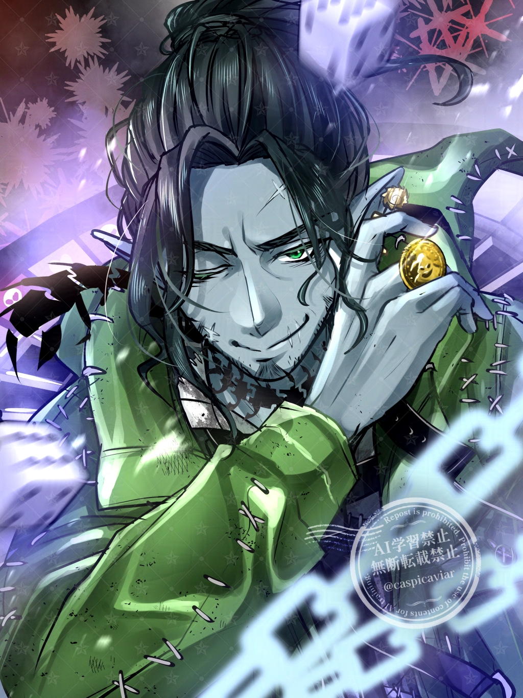 1boy, beard, black_hair, caspicaviar, chain, chinstrap_beard, closed_mouth, coin, collared_shirt, colored_skin, curtained_hair, dice, facial_hair, green_eyes, green_jacket, grey_skin, high_ponytail, highres, holding, holding_coin, hood, hooded_jacket, jacket, male_focus, mature_male, neck_tattoo, one_eye_closed, patterned_background, ponytail, scar, scar_on_cheek, scar_on_face, scar_on_forehead, scar_on_mouth, shirt, short_ponytail, smile, solo, swing_(twisted_wonderland), tattoo, twisted_wonderland, upper_body, watermark, white_shirt
